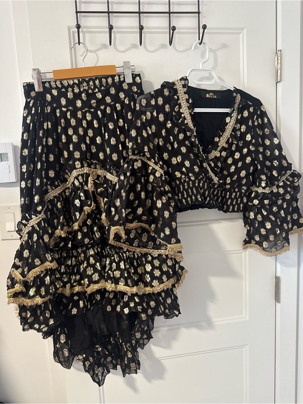 Black & Gold Ruffled Two-Piece Set - Skirt and Top - Boho